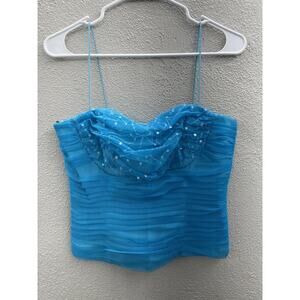 Womens Davids Bridal Blue Sequined Spaghetti Strap Ruffled Zip Up Back Crop Top